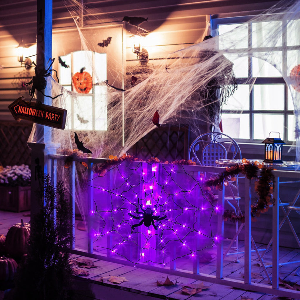Halloween Spider Web Light LED and a 5in Spider, 3.28ft Spider Web Light Decorations 70 LED Lighted, Indoor Outdoor House Yard Garden Scary Halloween Window Light, Battery Operated, Purple