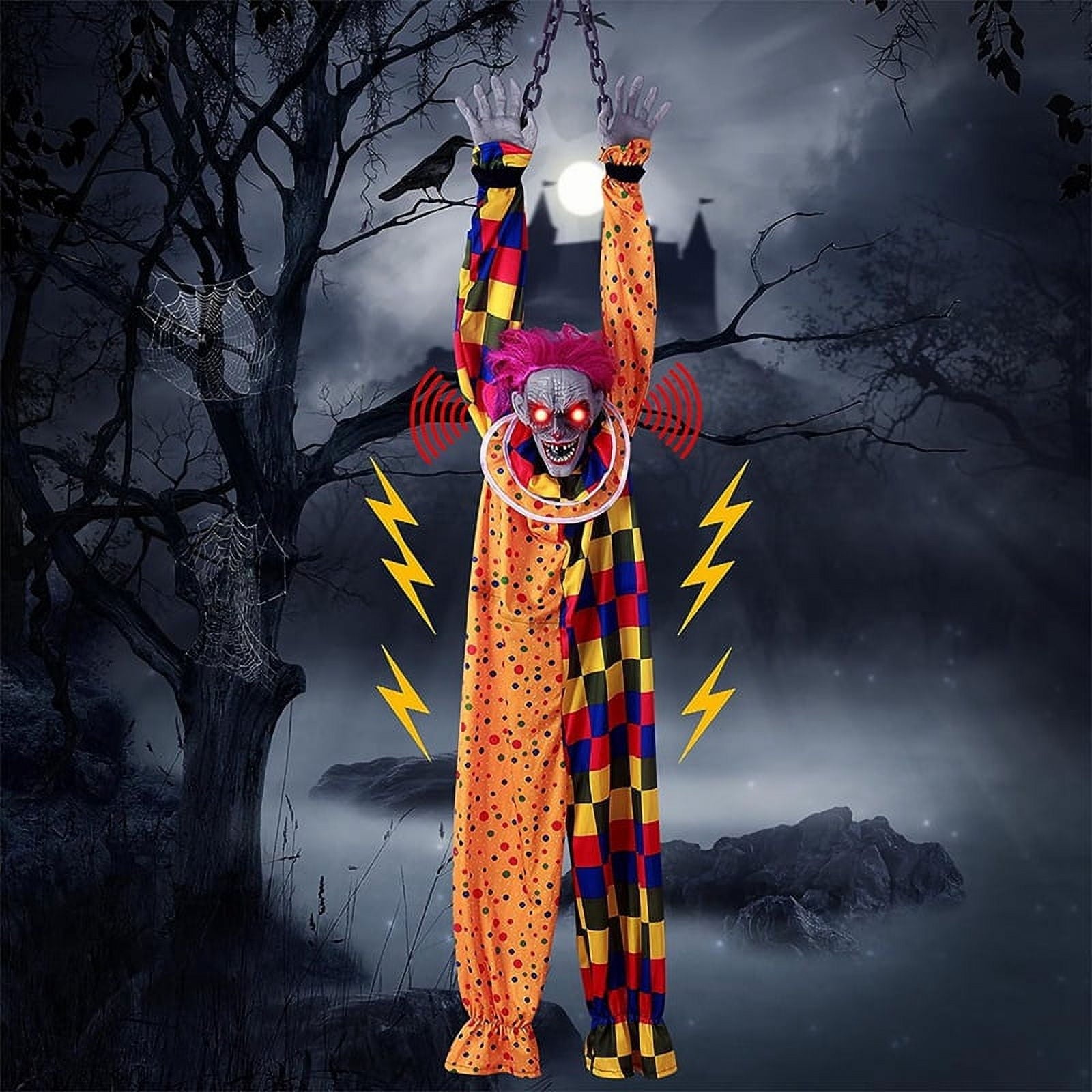 5.6 Ft Halloween Hanging Animated Talking & Shaking Scary Clown with Chain, Touch Activated for Decor