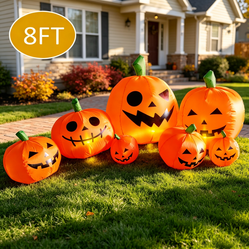 8 ft Halloween Inflatable Pumpkin, Giant Lighted Jack-O'-Lantern Blow Up Yard Decoration Waterproof with LED, Blower, Stakes and Tethers