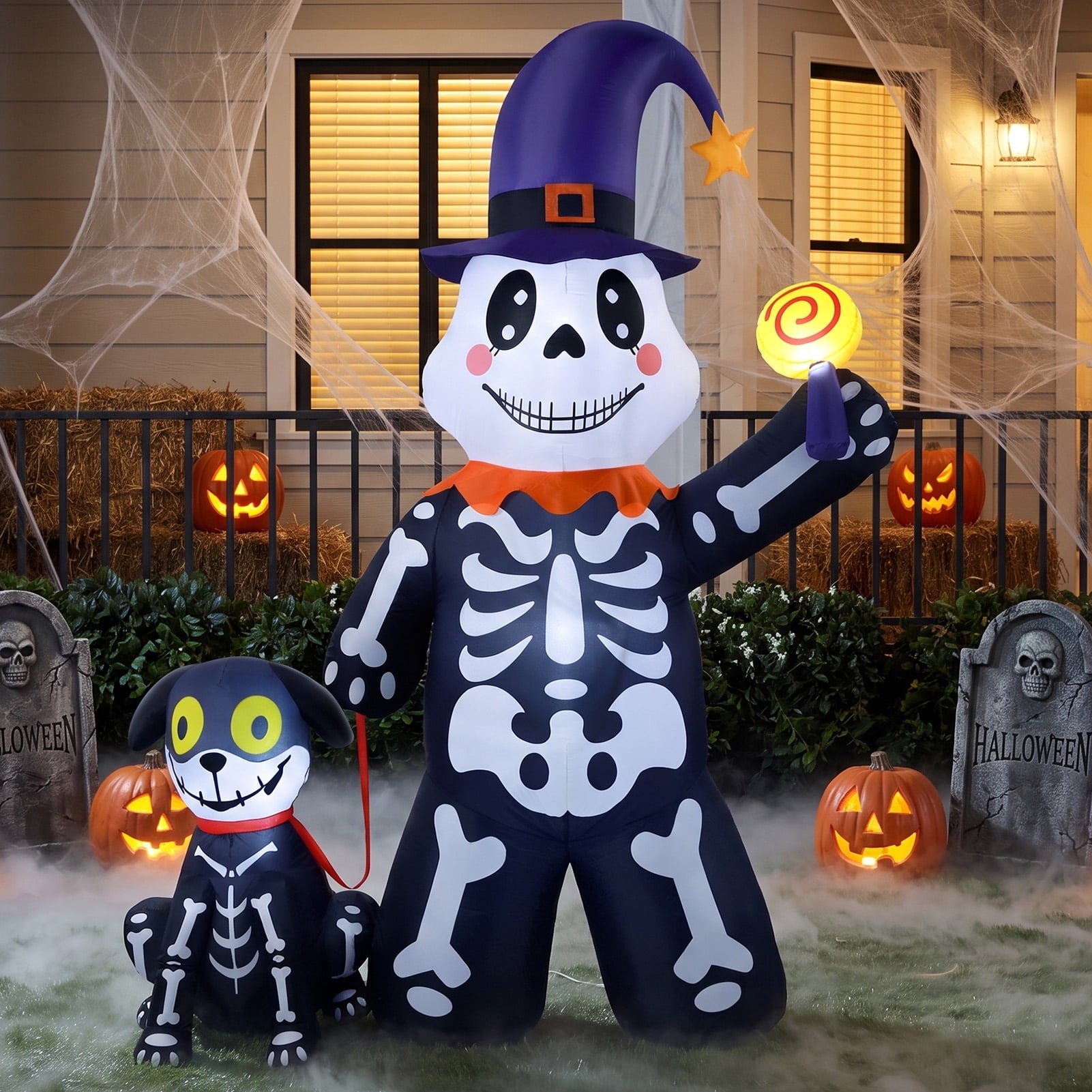 Halloween Inflatables Decorations Skeleton and Dog, Halloween Blow ups Yard Decorations Outdoor for Garden Lawn