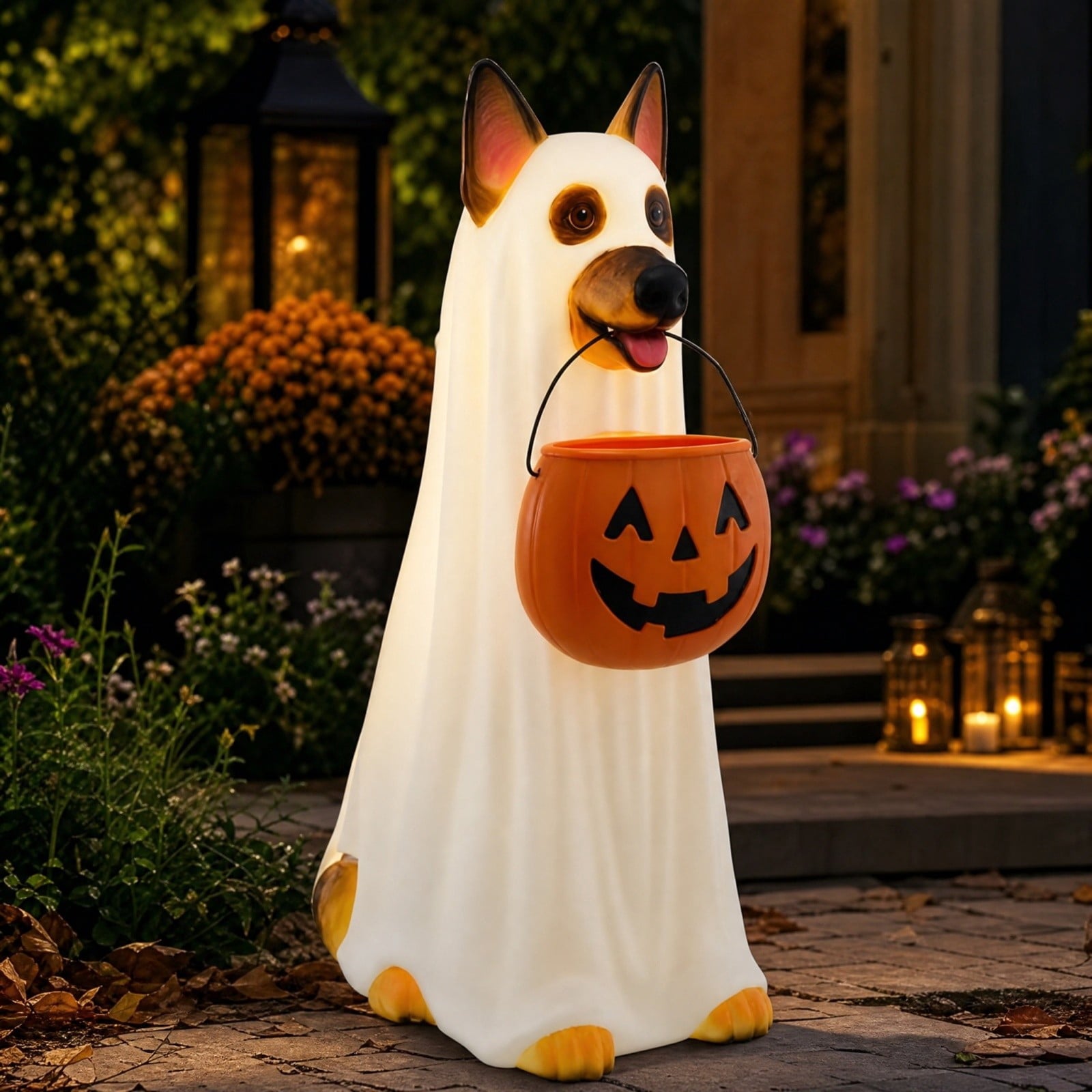 CrypticCrops Clearance! Halloween Ghost Dog Statue with Pumpkin Candy Bowl, 14" LED Ghost German Shepherd Blow-Molded Figurine Outdoor, Halloween Candy Holder Decoration Gift for Porch Yard Patio Indoor