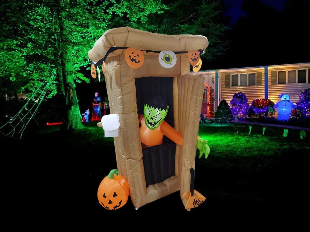 CozyBox 6FT Halloween Animated LED Inflatable Spooky Outhouse with Monster Holiday Yard Decoration