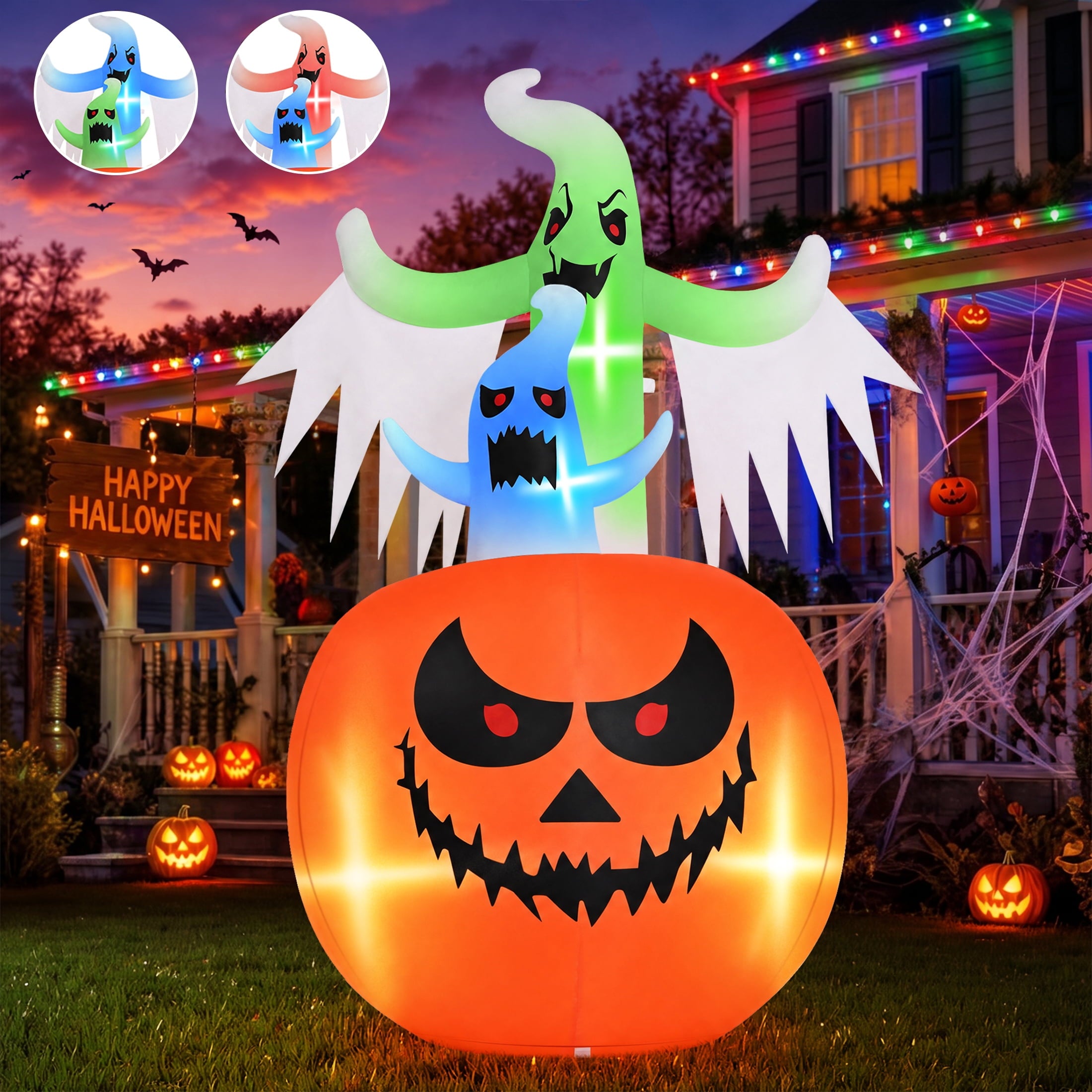 6ft Tall Halloween Inflatable,Ghosts Pumpkin with Colorful Flashing Lights,Blow ups Halloween Outdoor Decorations