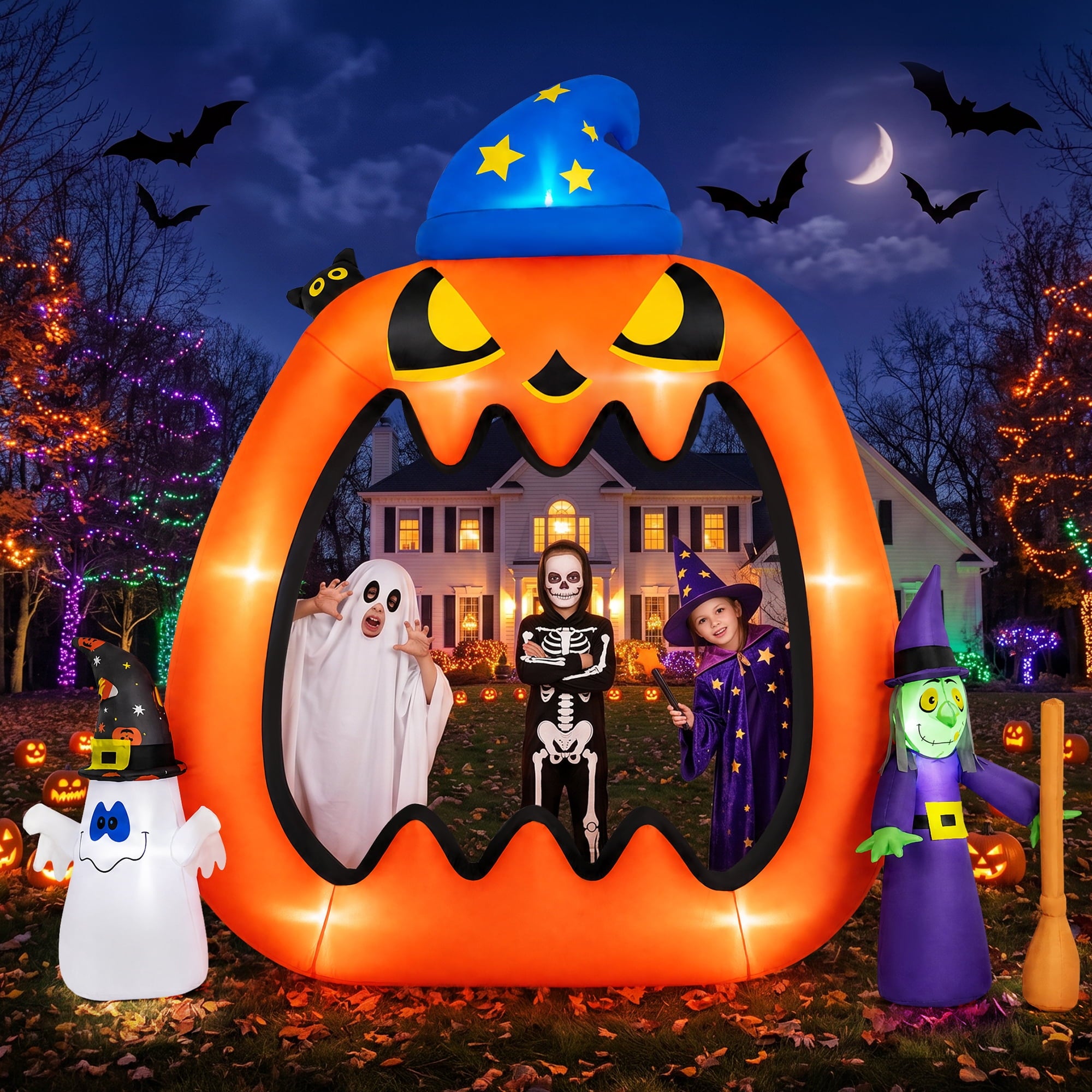 8.2ft Halloween Inflatable Pumpkins Photo Door with Ghost Witch Yard Party Outdoor Decorations with LED Lights