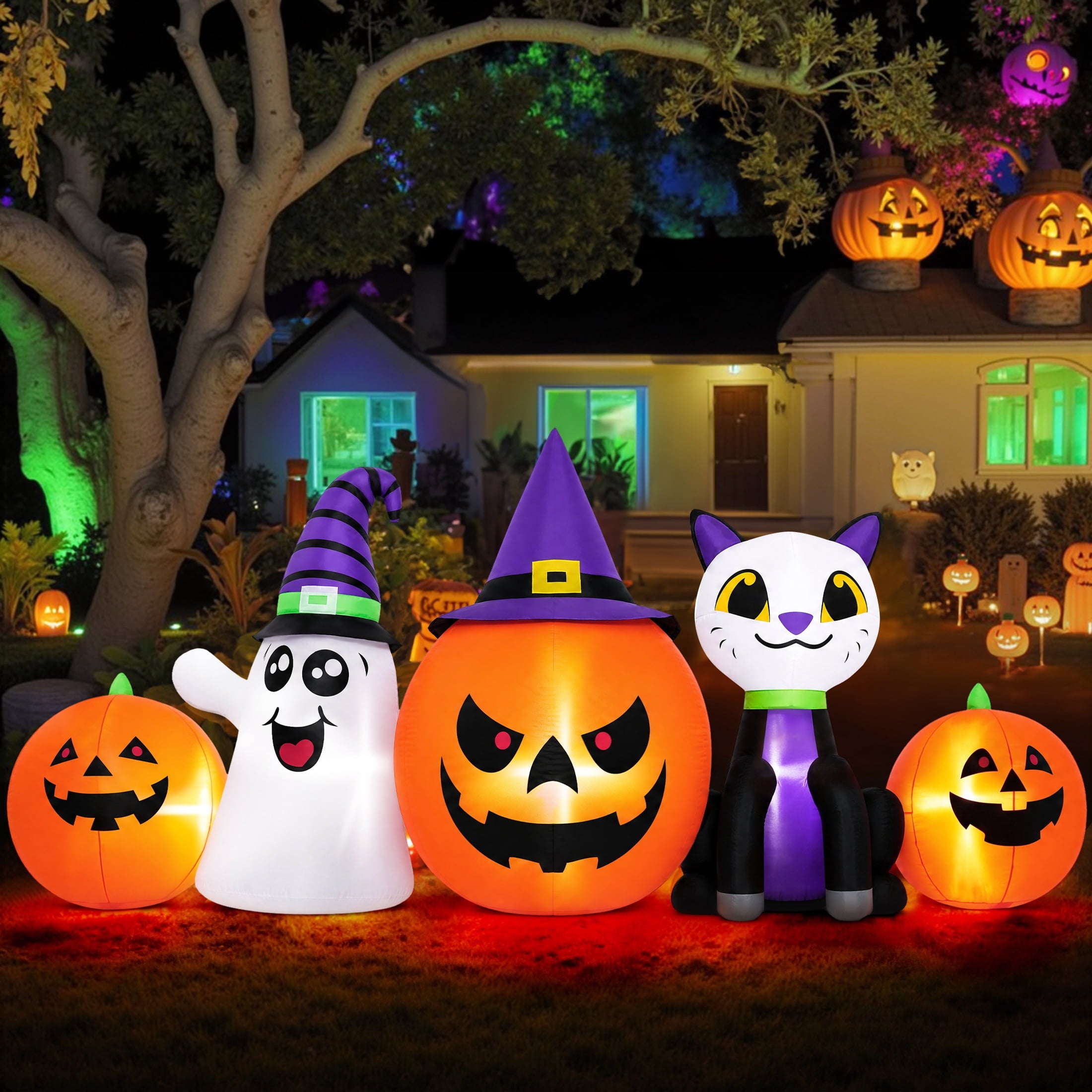 8FT Halloween Inflatable Pumpkins Ghost Cat with Lights,Blow ups Outdoor Decorations for Yard
