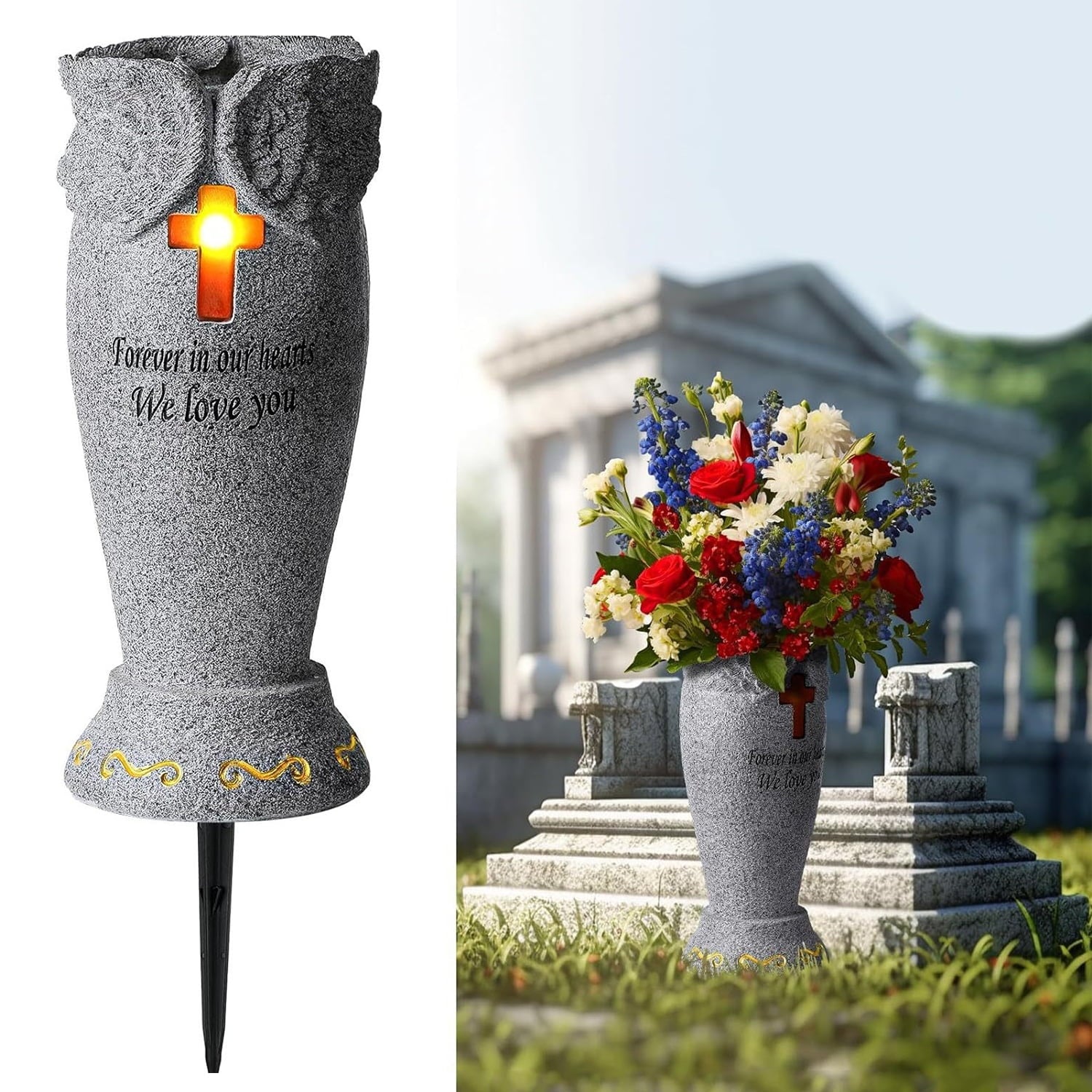 Fridja Cemetery Grave Flower Vase with Cross Solar Light Cemetery Decorations for Grave, Angel Vases with Spikes Grave Markers Decor for Cemetery for Humans or Pet, Garden Memorial Gifts for Loved One