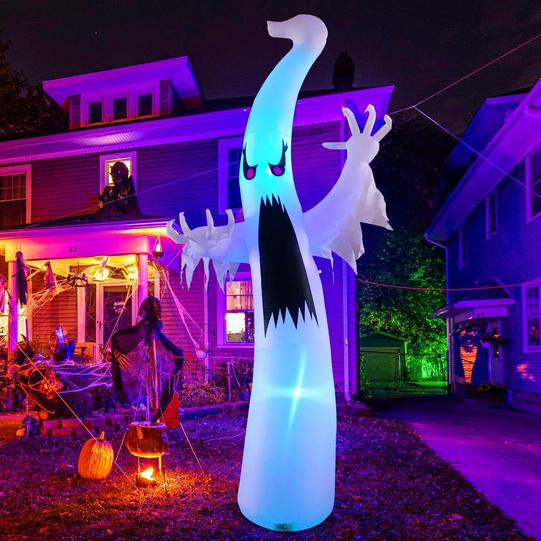 12 FT Height Halloween Inflatable Outdoor Colorful Dimming Ghost, Blow Up Yard Decoration Clearance with LED Lights Built-in for Holiday/Party/Yard/Garden