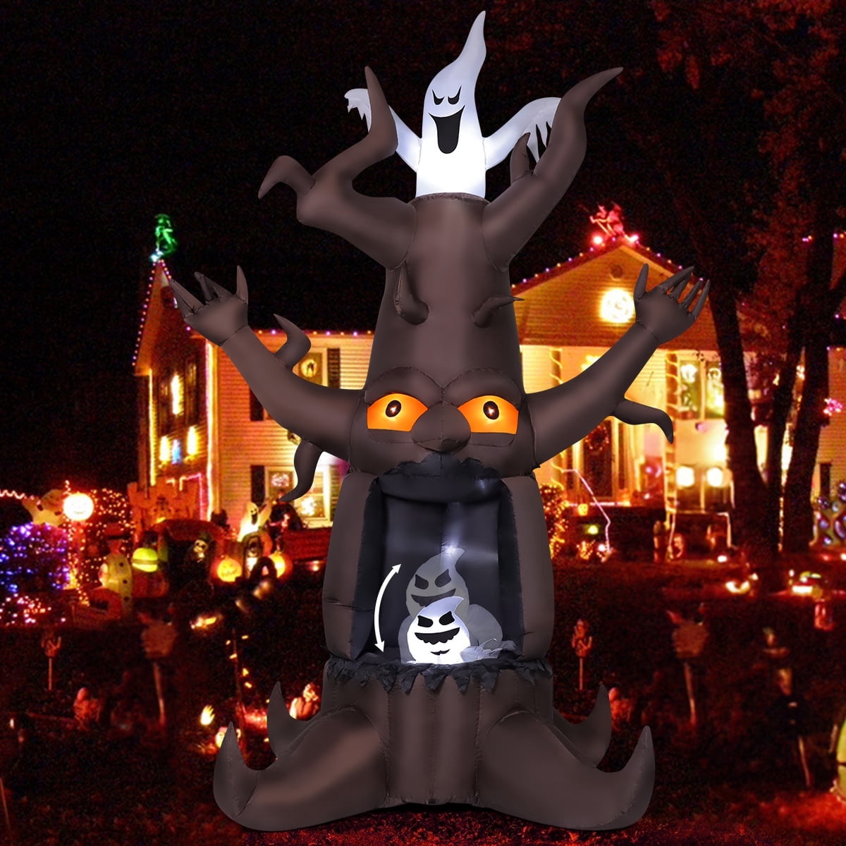 Halloween Inflatables 9 FT Animated Halloween Tree Inflatables with Built-in LED lights, Scary Spooky Tree Inflatable with White Ghost, Outdoor Halloween Decorations for Halloween Holiday Party