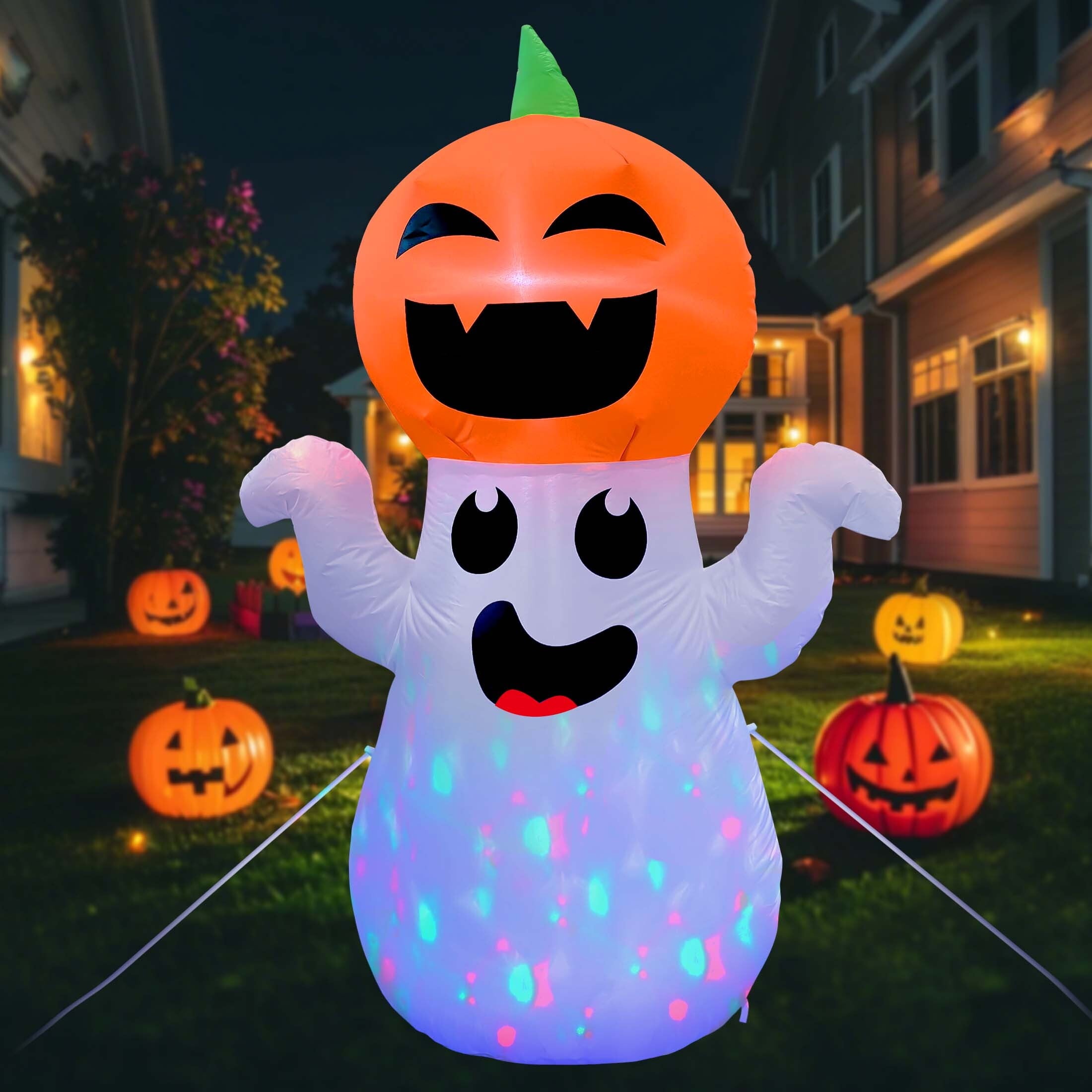 5Ft Halloween Inflatable Pumpkin Ghost with 360° Rotating Colorful LED Lights, Cute Indoor/Outdoor Decor for Party, Yard, Lawn