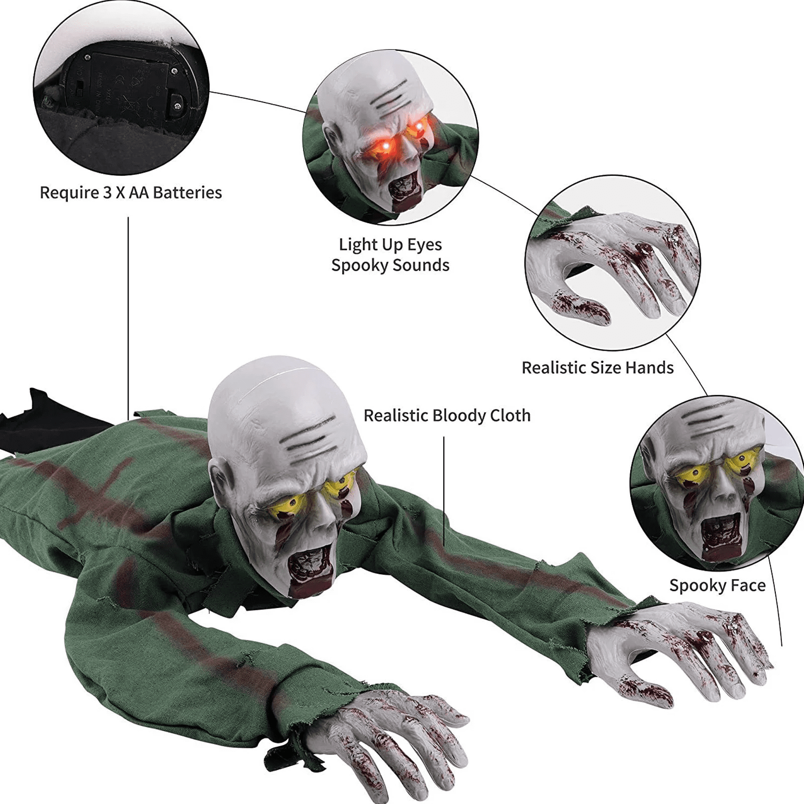 Halloween Animated Decorations, Outdoor Crawling Zombie with Horror Sound & Glowing Eyes, Zombie Ground breaker Ghost for Graveyard, Lawn, Haunted House Prop Decor