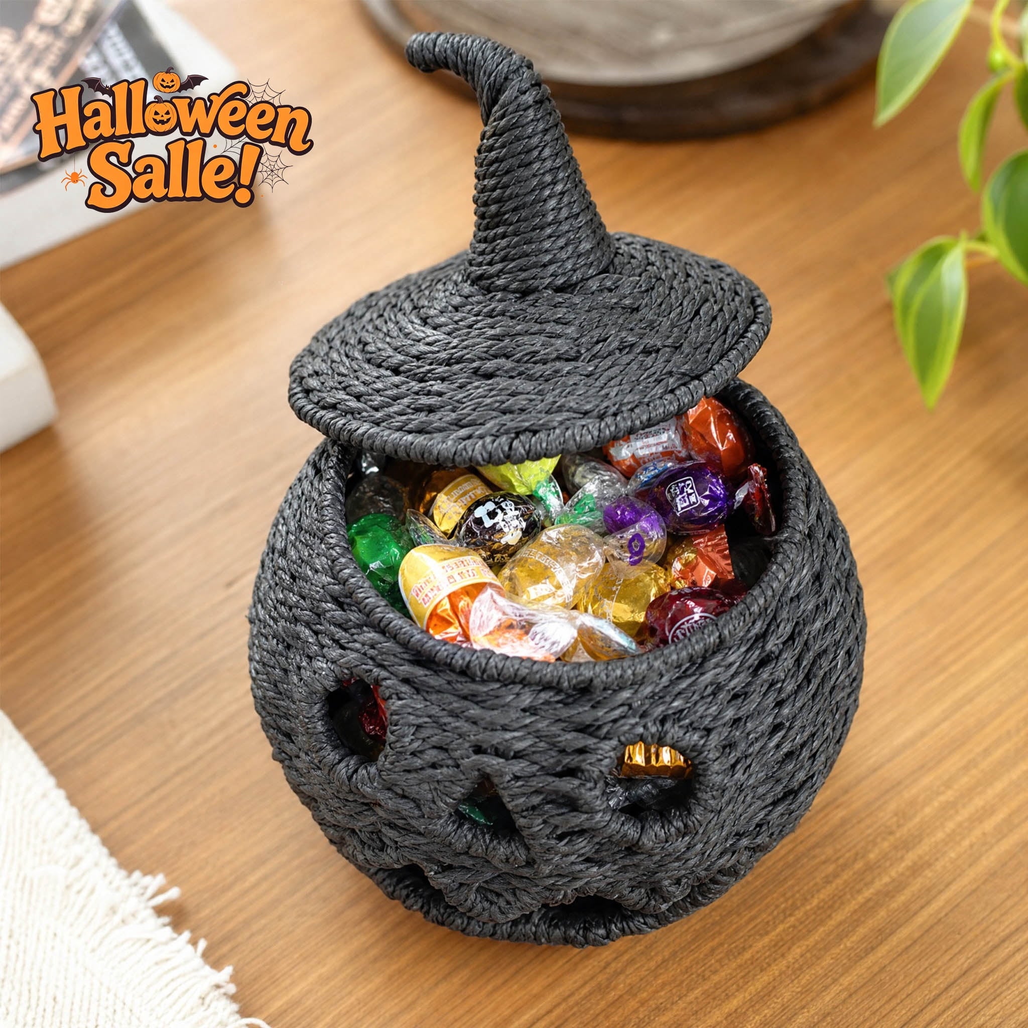 CrypticCrops Halloween Decorations Woven Pumpkin, Handwoven Pumpkin Basket with Witch Hat Lid, Rustic Wicker Pumpkins Trick or Treat Bucket for Candy Storage & Festival Display, Table Fireplace Farmhouse Decor