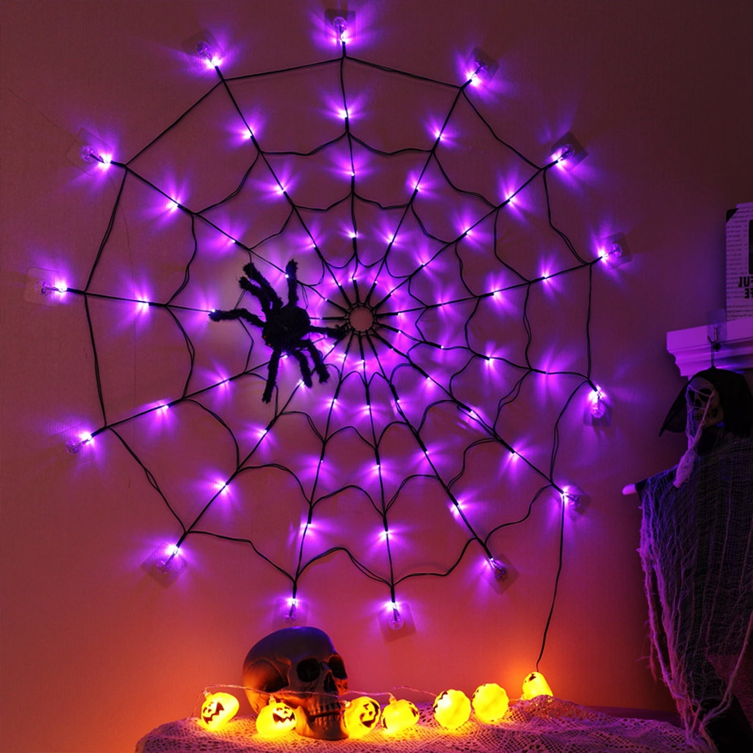 CrypticCrops Halloween Spider Web Light LED and a 5in Spider, 3.28ft Spider Web Light Decorations 70 LED Lighted, Indoor Outdoor House Yard Garden Scary Halloween Window Light, Battery Operated, Purple