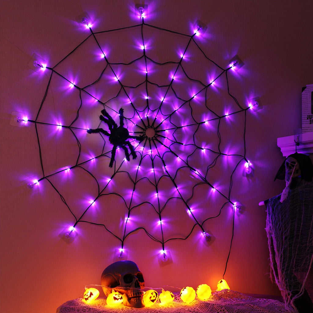 CrypticCrops Halloween Spider Web Light LED and a 5in Spider, 3.28ft Spider Web Light Decorations 70 LED Lighted, Indoor Outdoor House Yard Garden Scary Halloween Window Light, Battery Operated, Purple