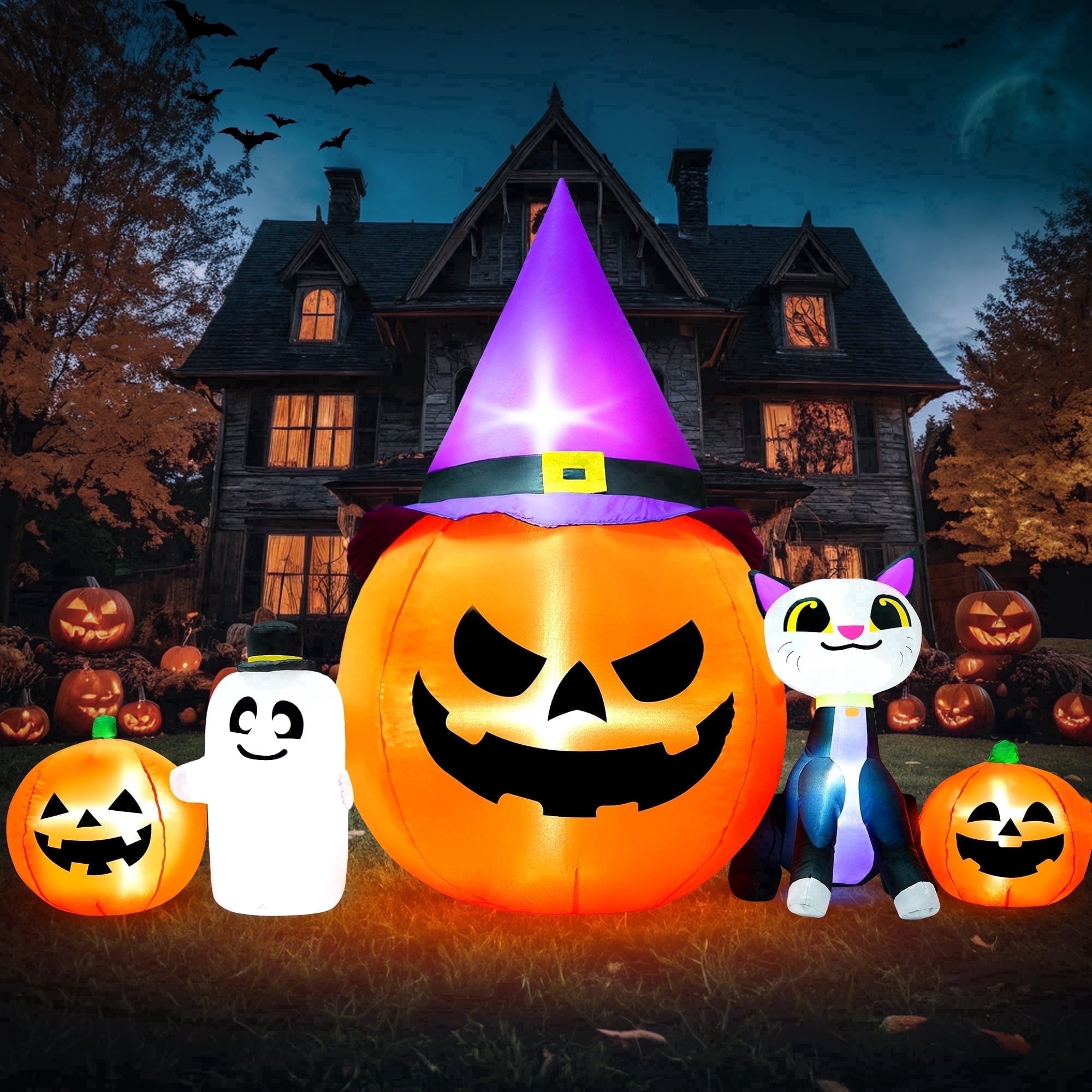 8ft Halloween Inflatable Pumpkins Outdoor Decor with Black Cat and Spectre,Built-in LED Lights,for Halloween Party,Yard,Garden,Lawn