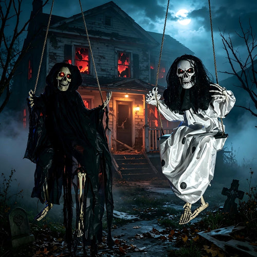 2 Packs Halloween Decorations Outdoor Hanging Swinging Skeleton Ghosts,3 ft Light Up Creepy Grim Reaper Decorations for Halloween Hanging Decorations Indoor Outdoor Yard