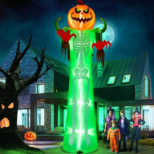 12FT Halloween Inflatable with LED Lights  Giant Pumpkin & Skeleton Outdoor Decoration for Yard, Lawn, Home, & Party  Scary Blow-Up Halloween Holiday Decor