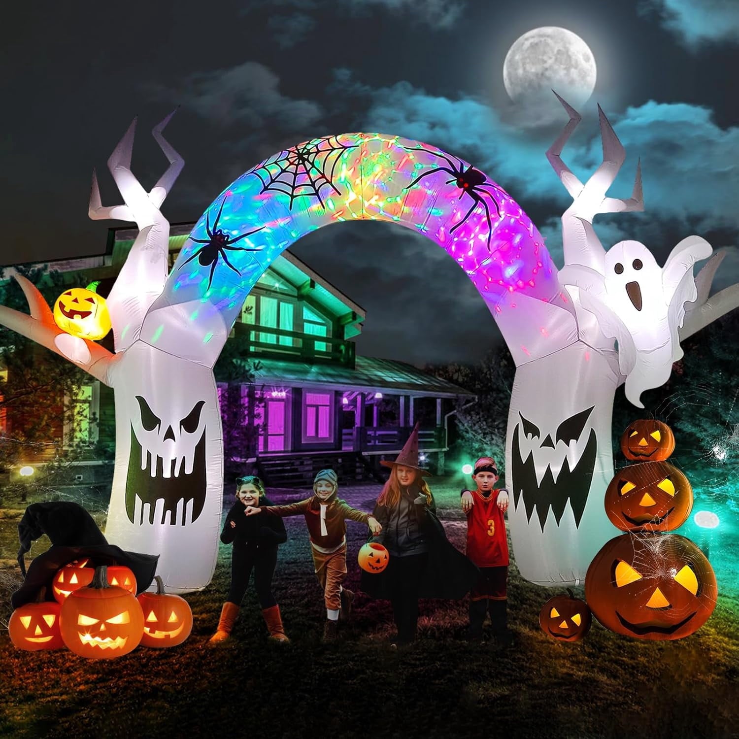 17FT Halloween Inflatable with Colorful Pumpkin & Ghost  Built-in LED Lights for Yard, Lawn, Garden, Indoor & Outdoor Halloween Party Decorations