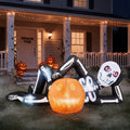 7' Halloween Inflatables Skeleton Outdoor Halloween Decoration Reclining Skeleton with Pumpkin,Built-In LED Lights