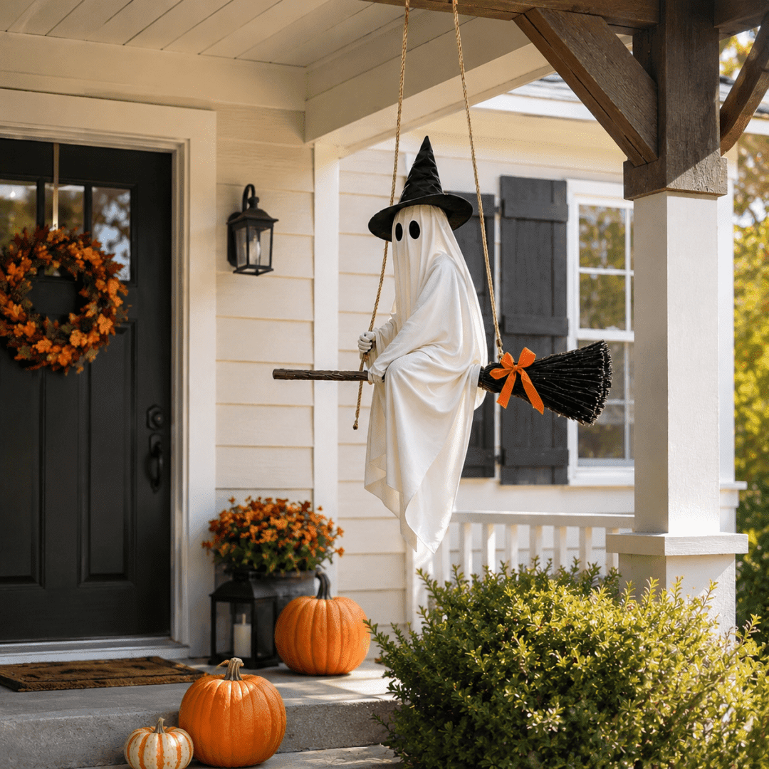 LIGHTED HANGING GHOST WITCH HALLOWEEN DECORATION Floating White Ghost With Black Witch Hat Rustic Broom And Orange Bow Warm Glow