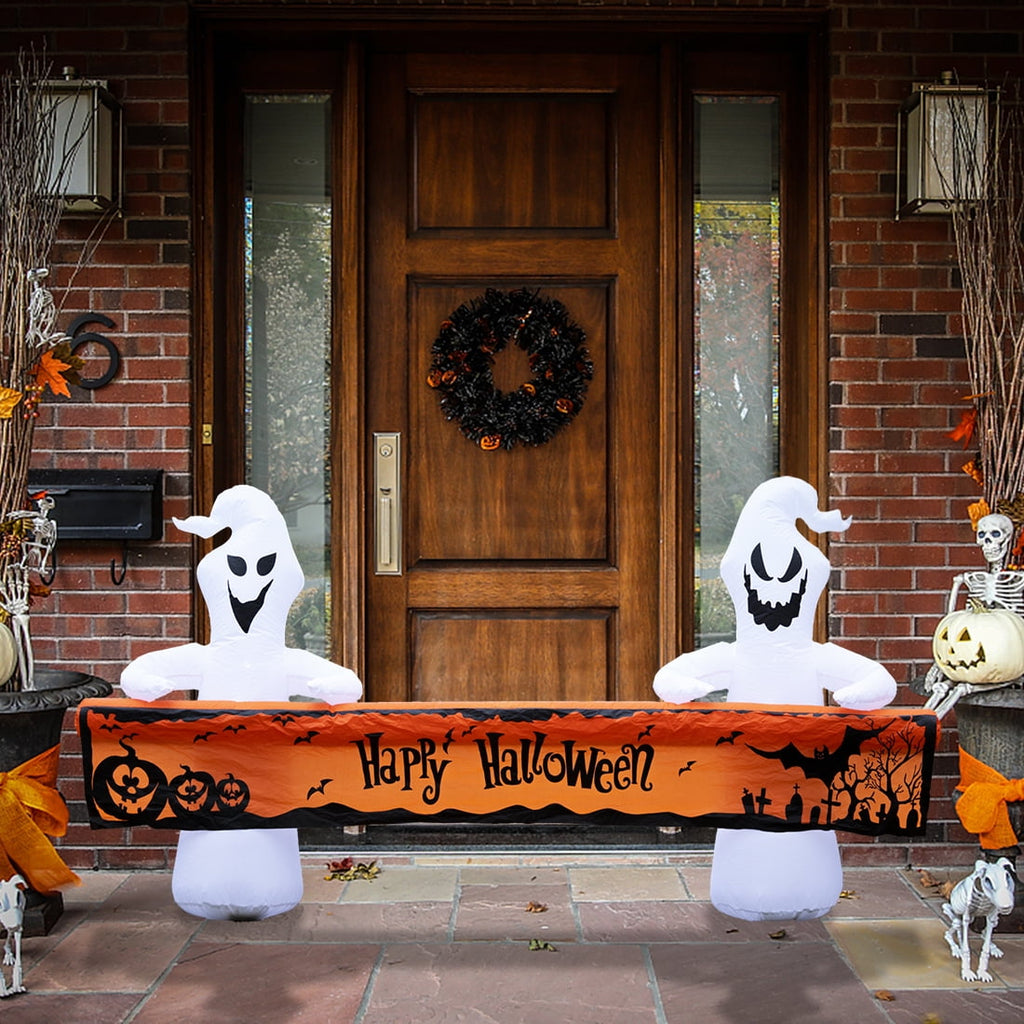 Large Hallowee Inflatable-8FT White Ghosts with Orange Banner Print Happy Halloween LED Lights Outdoor Halloween Decorations Blow Up Decoration for Halloween Party, Yard, Garden, Lawn