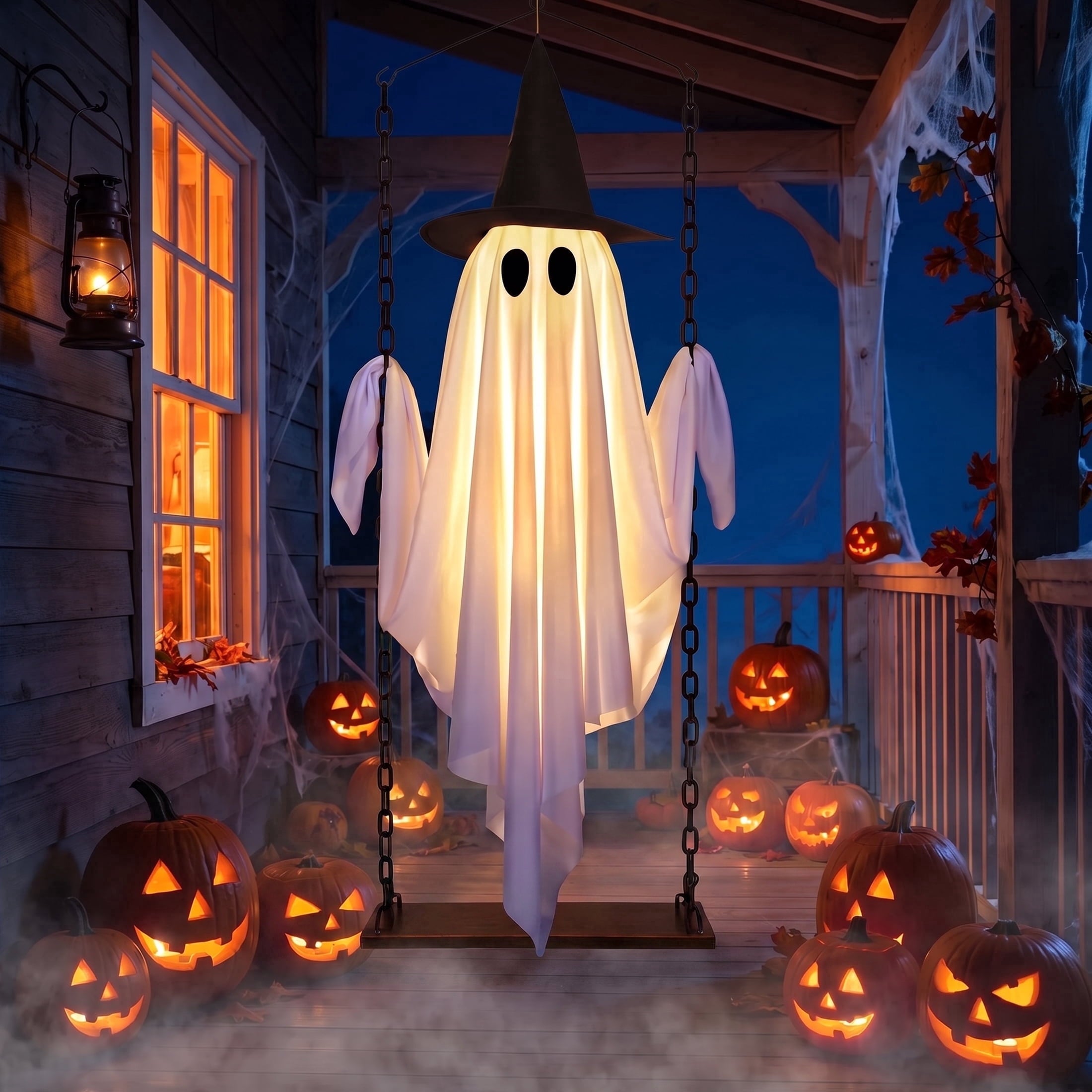 Halloween Decorations Outdoor, Hanging Swing Ghosts with Lights Halloween Spooky Cute Ghosts Decor for Outside Home Front Porch Yard Lawn Tree