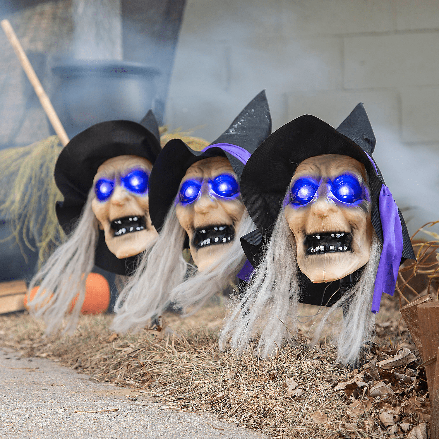 Light-Up Witch Head Yard Stake Halloween Decorations - 3 Pieces