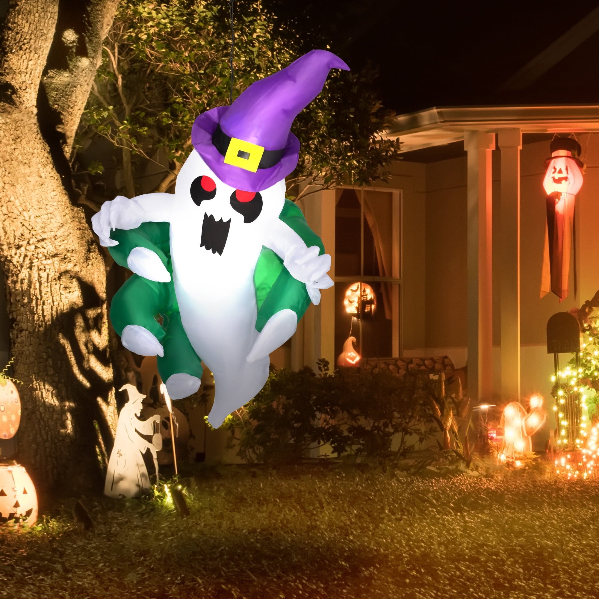 Outsunny 3.9ft Inflatable Halloween Window Sticker Ghost, Halloween Decoration with LED Lights for Garden Indoor Outdoor