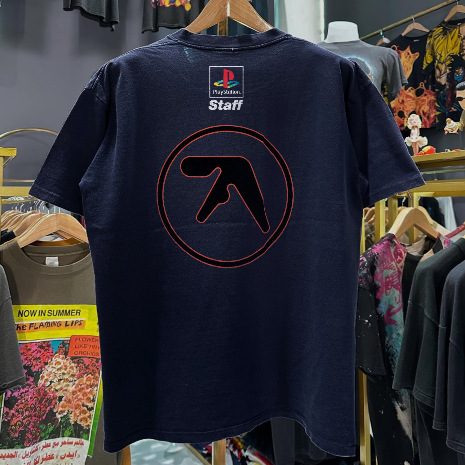 90S Aphex Twin 'Playstation Staff' Rare Washed Navy T-Shirt