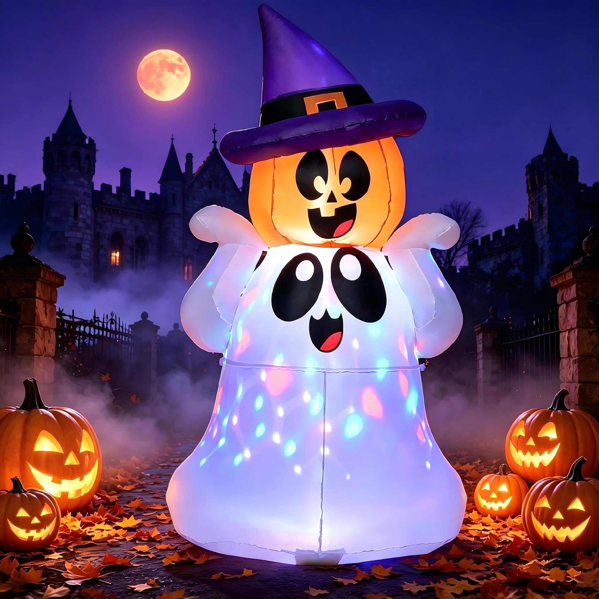 5Ft Halloween Inflatable Pumpkin Ghost with Colorful LED Lights,Halloween Blow Up Cute Decor for Indoor Outdoor Holiday Yard Decoration