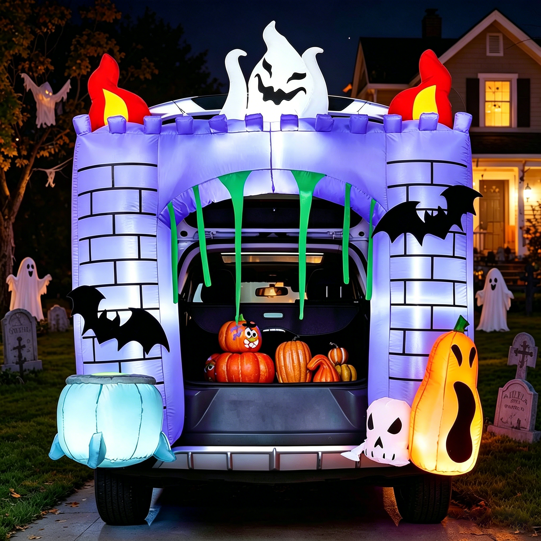 6 FT Halloween Inflatable Haunted Castle Decoration,Trunk or Treat Car Decorations Kit Ghost and Pumpkin with Built-in LED Light for Halloween Party Indoor,Outdoor,Yard,Garden Decor