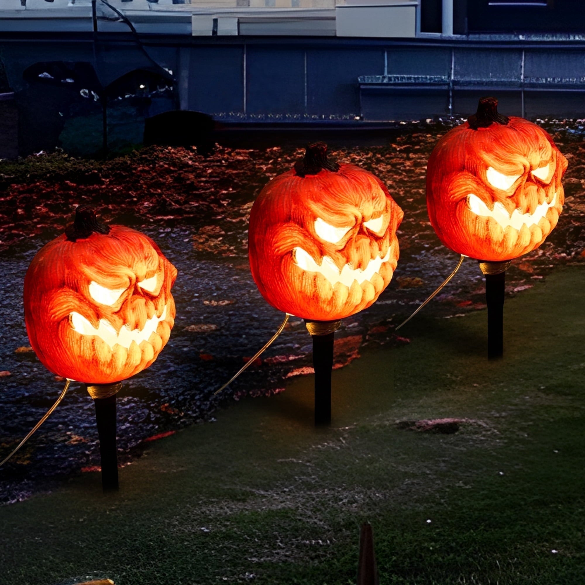 3 Pack Halloween Decorations Lighted Pumpkin Pathway Lights Stakes,Outdoor Jack-O-Lantern Waterproof Decorations,Scary Halloween Party Props Outdoor Yard Decor