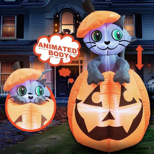 5 ft Halloween Inflatable Animated Cat on Pumpkin,Halloween Outdoor Decoration with LED Lights,Blow Up Decoration for Yard & Lawn,Party