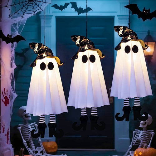 18In Set of 3 Halloween Hanging Ghosts,Halloween Decorations Outdoor Hanging Ghosts with Witch Hat,Glowing Ghost Witch Hat Lights Halloween Ghost Decor for Yard Patio Garden Tree Outside