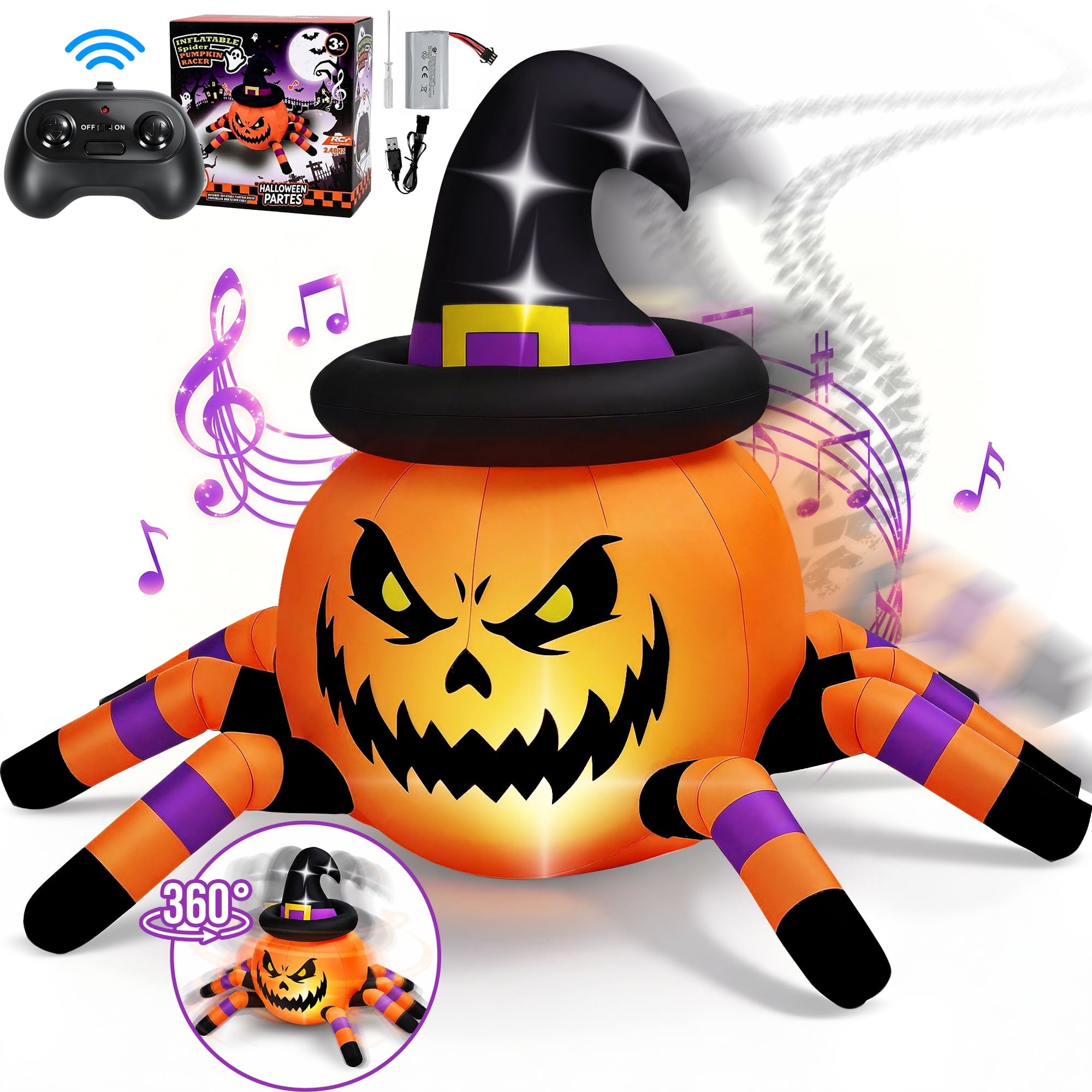 CrypticCrops 2.6ft Halloween Inflatable with Music and Lights,Remote Control Pumpkin Ghost Car,Blow ups Rc Car,Indoor Outdoor,Orange Green