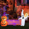 CrypticCrops Large Hallowee Inflatable-8FT White Ghosts with Orange Banner Print Happy Halloween LED Lights Outdoor Blow Up Decoration