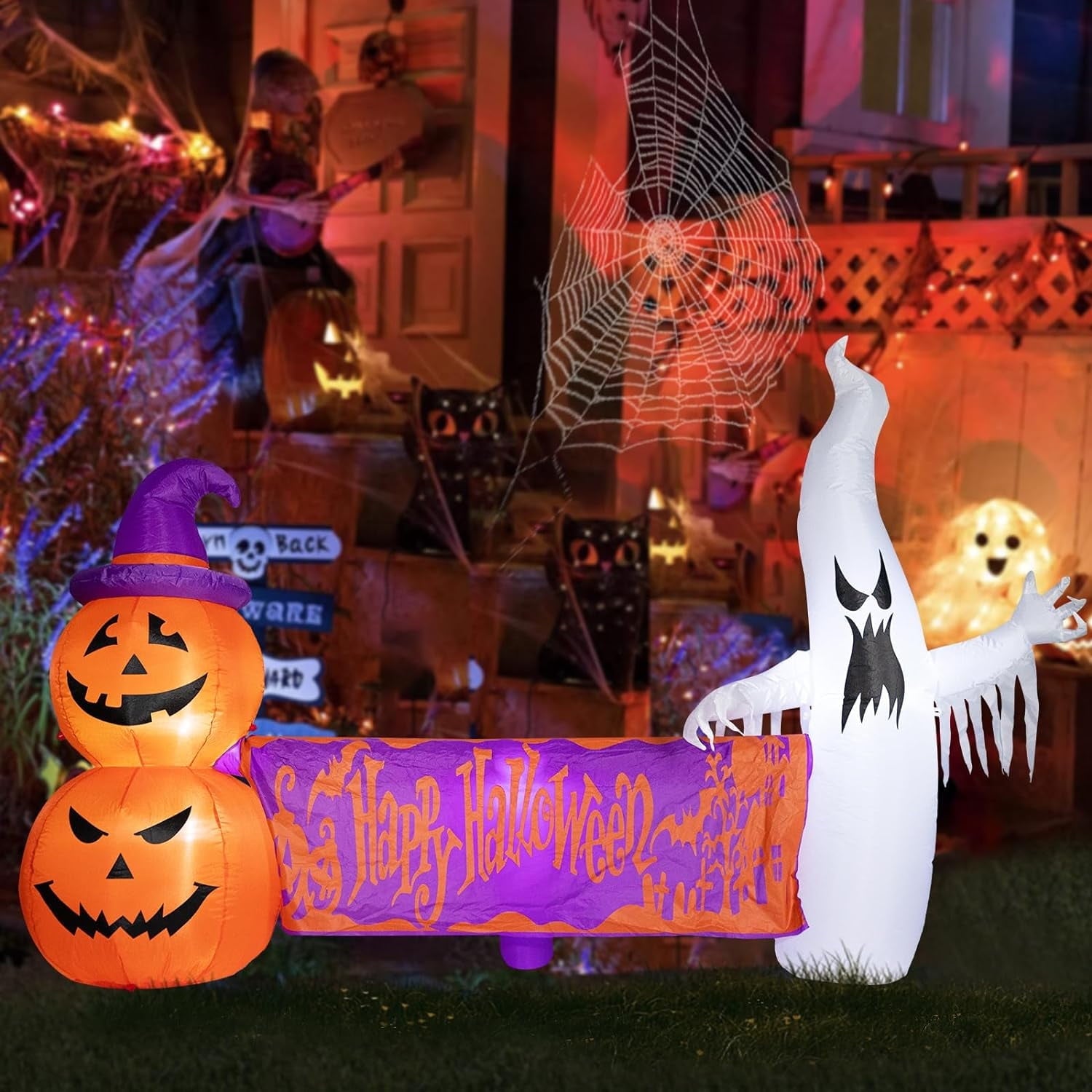 CrypticCrops Large Hallowee Inflatable-8FT White Ghosts with Orange Banner Print Happy Halloween LED Lights Outdoor Blow Up Decoration